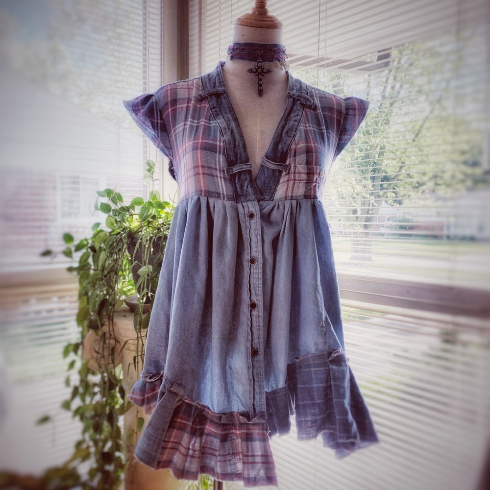 OOAK upcycled patchwork denim and flannel plaid babydoll reworked tunic